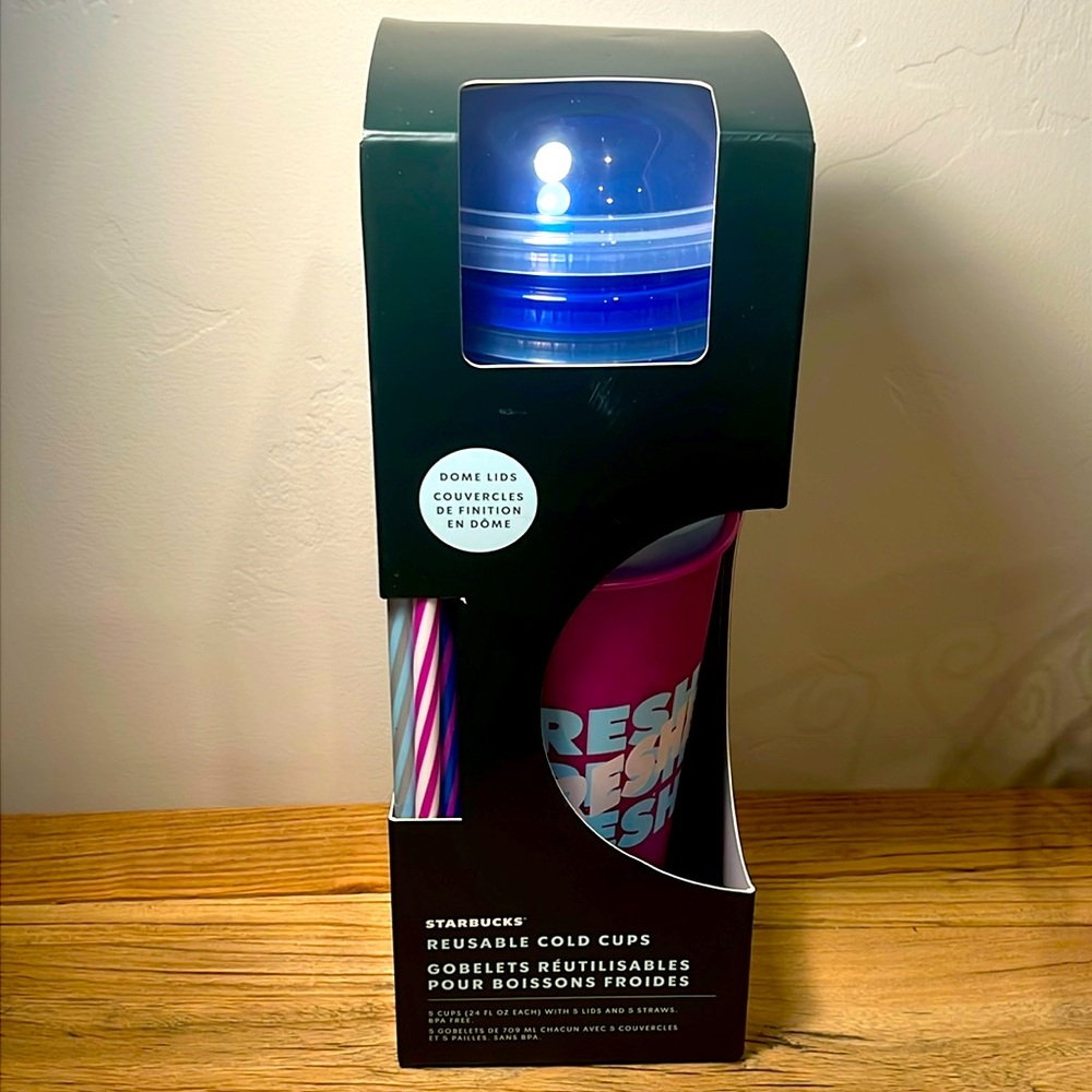 Starbucks 5 Pack Multicolor Plastic Reusable Cold Cups with Dome Lid - 24oz HP